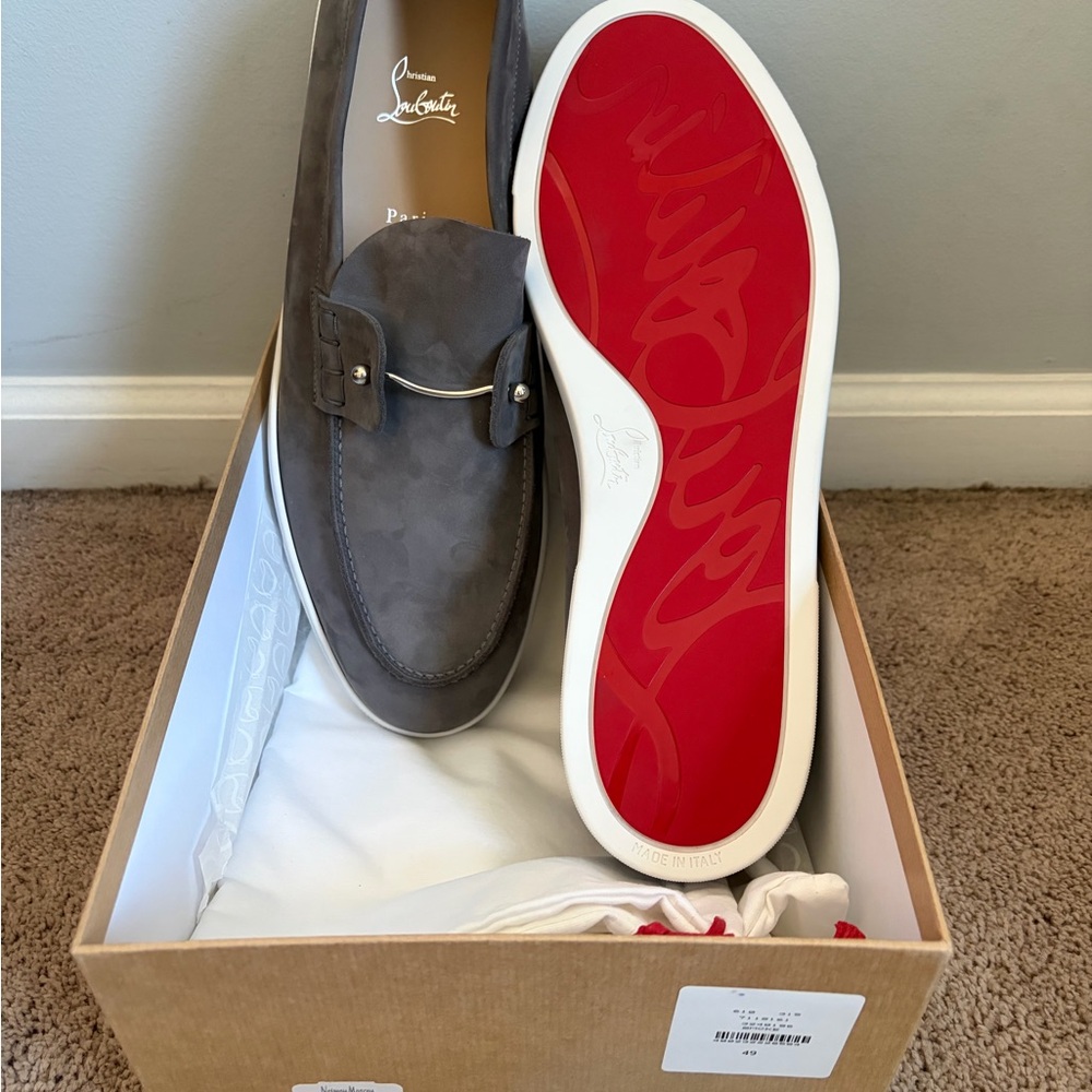 Christian Louboutin Men's Gray Loafers with Red Soles